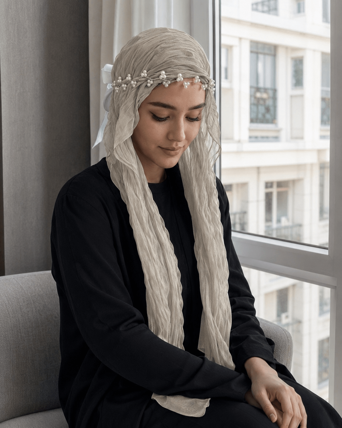 RY319 Milk Gray Crinkled Tulle Hijab Scarf – Glossy Stretch Breathable Headscarf - Raya