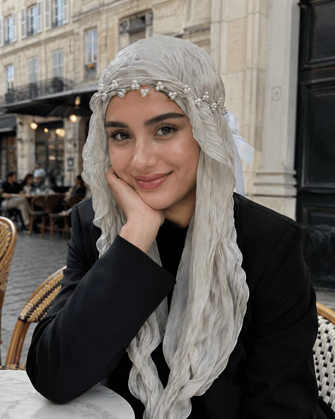 RY319 Milk Gray Crinkled Tulle Hijab Scarf – Glossy Stretch Breathable Headscarf - Raya