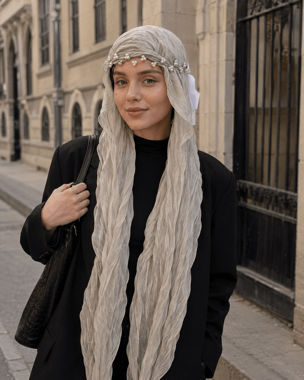 RY319 Milk Gray Crinkled Tulle Hijab Scarf – Glossy Stretch Breathable Headscarf - Raya