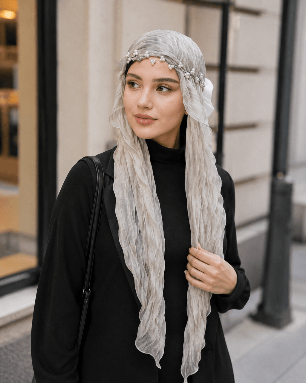 RY319 Milk Gray Crinkled Tulle Hijab Scarf – Glossy Stretch Breathable Headscarf - Raya