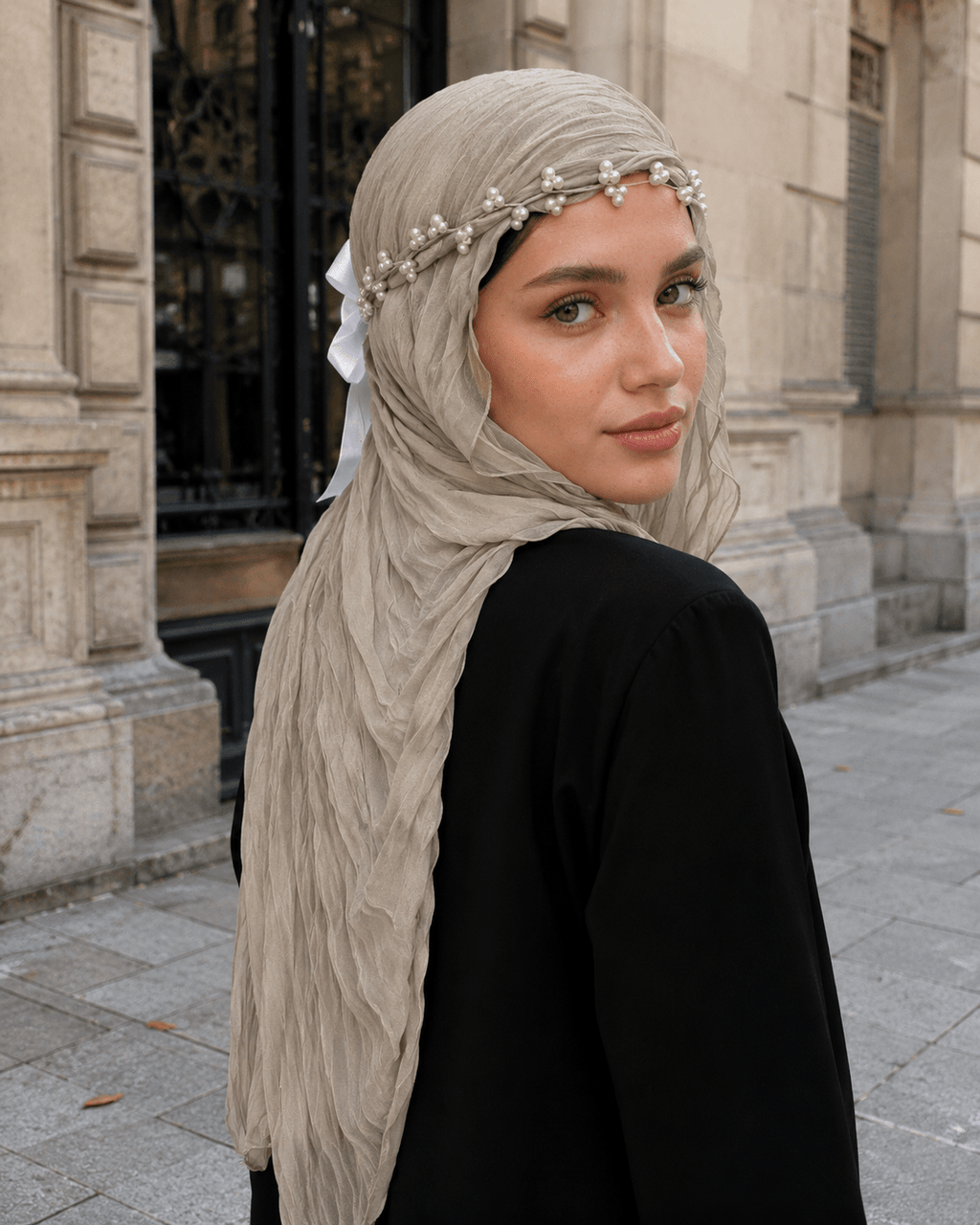 RY319 Milk Gray Crinkled Tulle Hijab Scarf – Glossy Stretch Breathable Headscarf - Raya