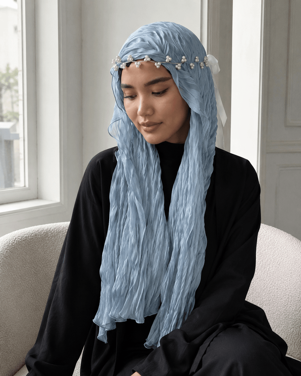 RY320 Blue Crinkled Tulle Hijab Scarf – Glossy Stretch Breathable Headscarf - Raya