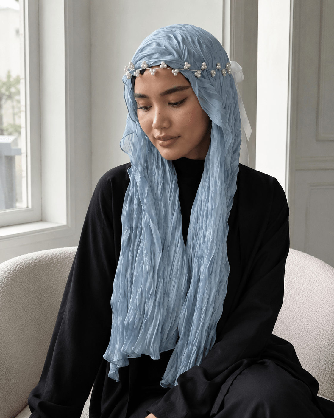 RY320 Blue Crinkled Tulle Hijab Scarf – Glossy Stretch Breathable Headscarf - Raya