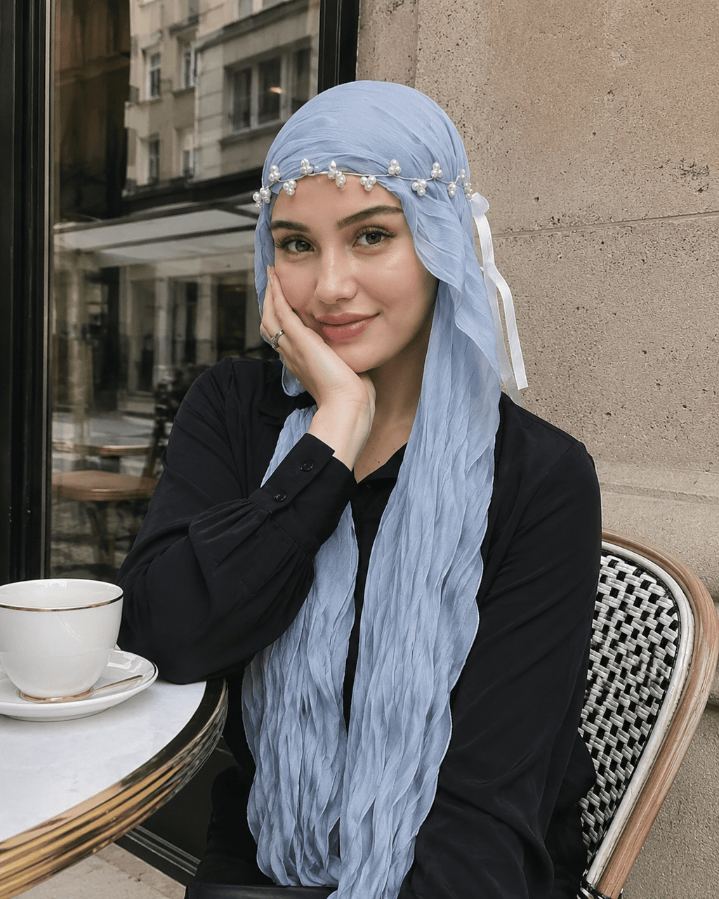RY320 Blue Crinkled Tulle Hijab Scarf – Glossy Stretch Breathable Headscarf - Raya