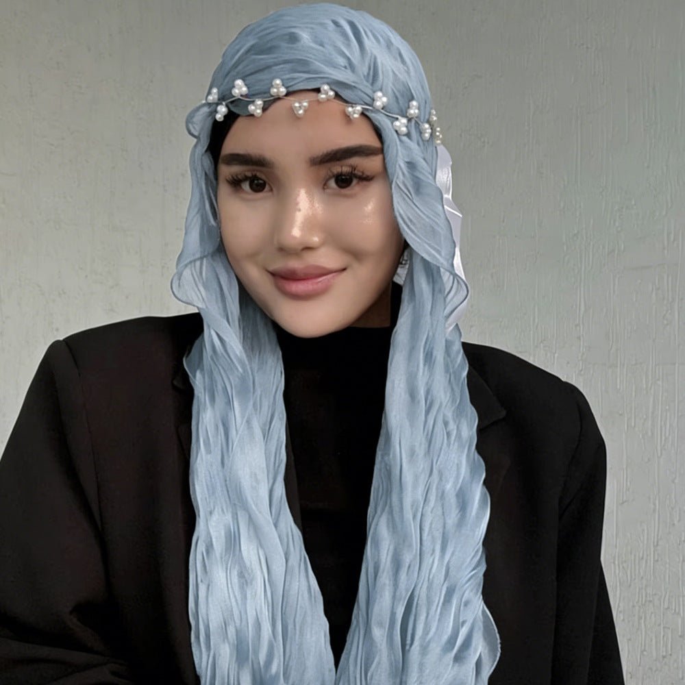 RY320 Blue Crinkled Tulle Hijab Scarf – Glossy Stretch Breathable Headscarf - Raya