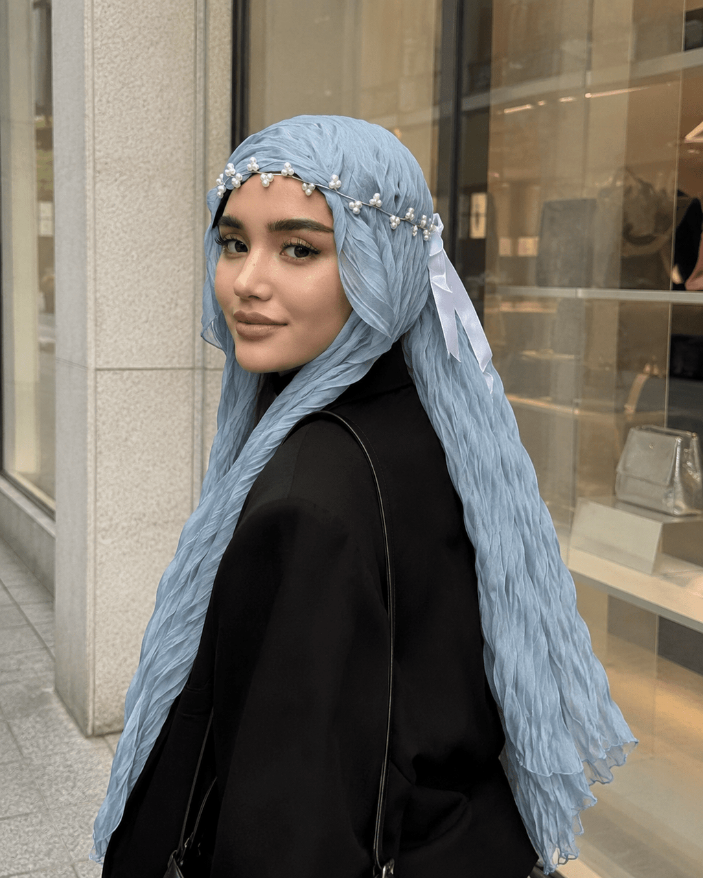 RY320 Blue Crinkled Tulle Hijab Scarf – Glossy Stretch Breathable Headscarf - Raya