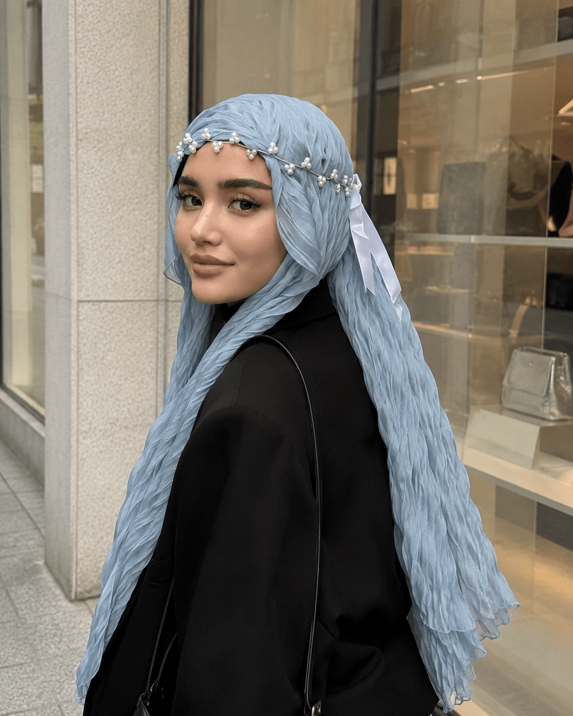 RY320 Blue Crinkled Tulle Hijab Scarf – Glossy Stretch Breathable Headscarf - Raya
