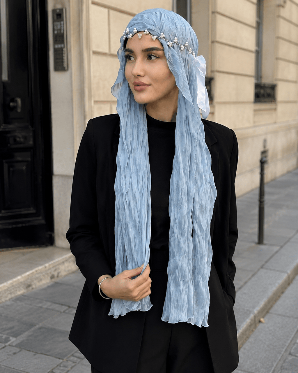 RY320 Blue Crinkled Tulle Hijab Scarf – Glossy Stretch Breathable Headscarf - Raya