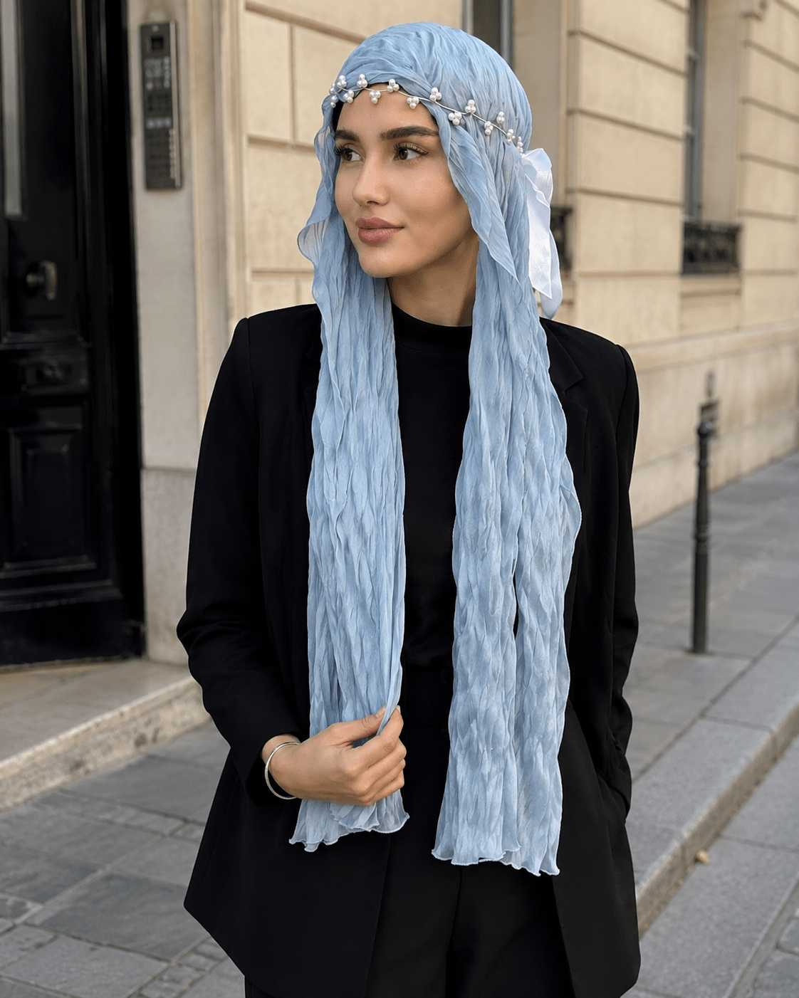 RY320 Blue Crinkled Tulle Hijab Scarf – Glossy Stretch Breathable Headscarf - Raya