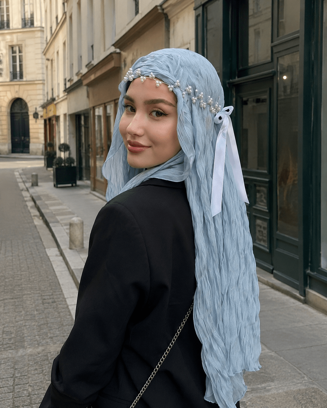 RY320 Blue Crinkled Tulle Hijab Scarf – Glossy Stretch Breathable Headscarf - Raya