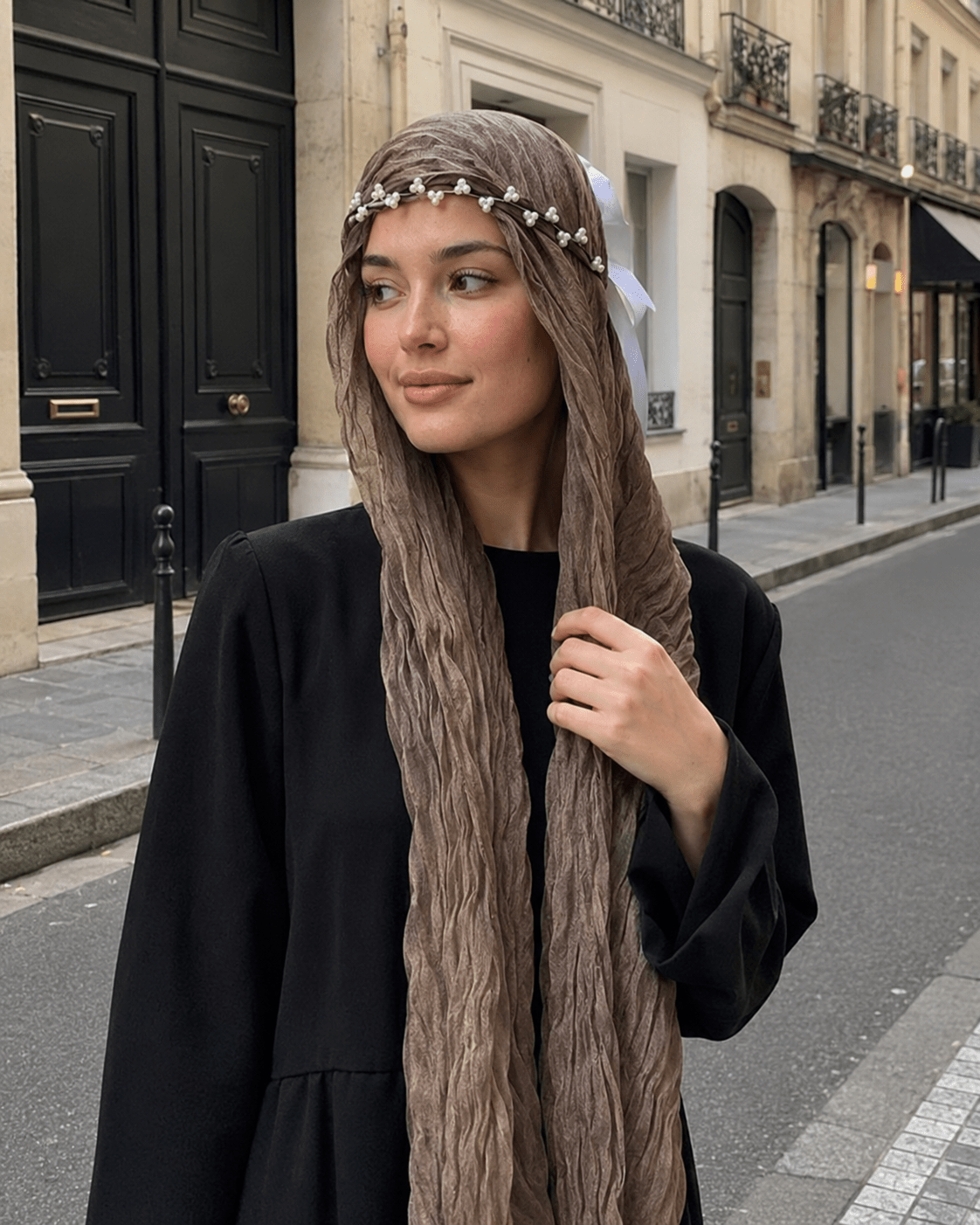 RY321 Deep Brown Crinkled Tulle Hijab Scarf – Glossy Stretch Breathable Headscarf - Raya