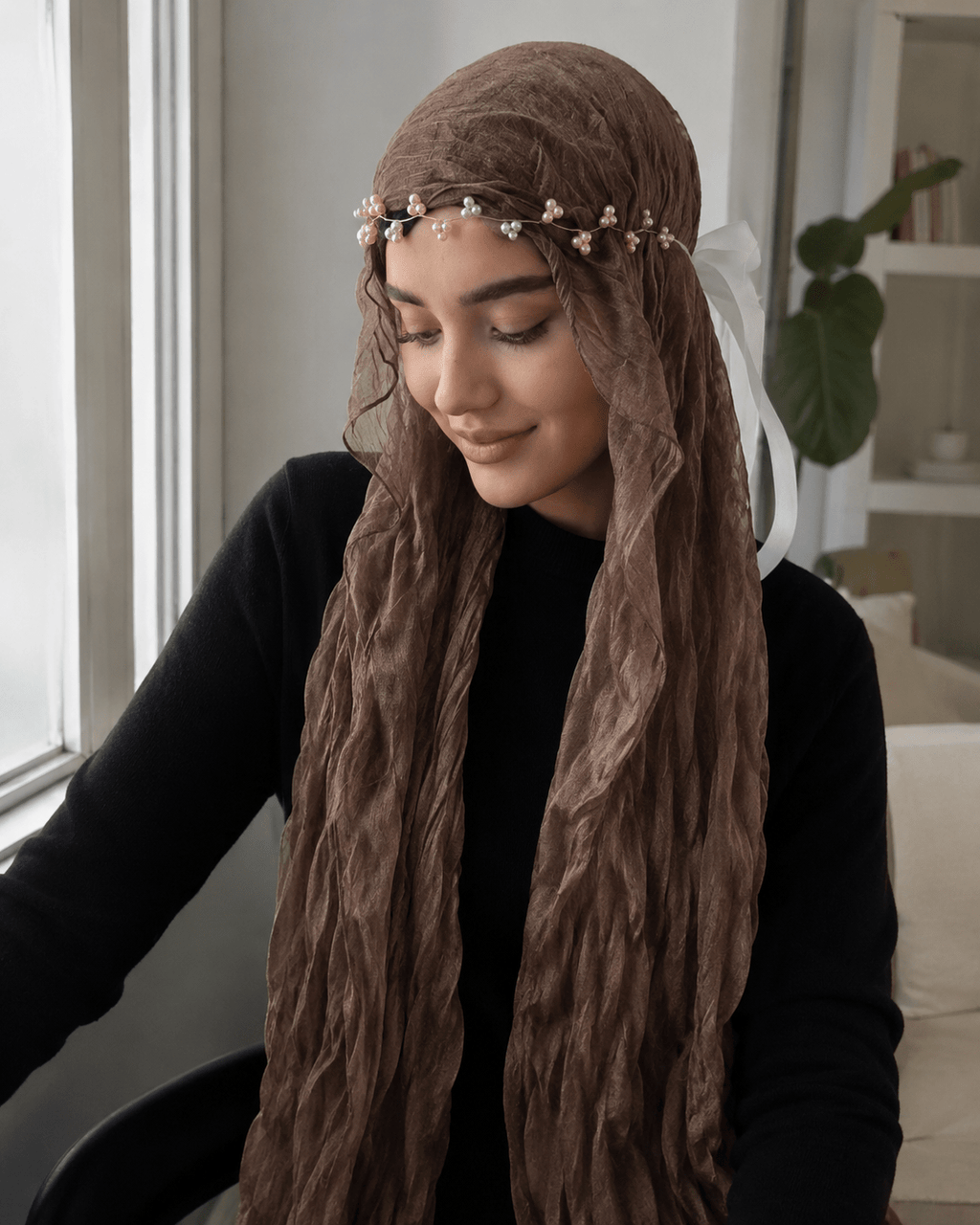 RY321 Deep Brown Crinkled Tulle Hijab Scarf – Glossy Stretch Breathable Headscarf - Raya