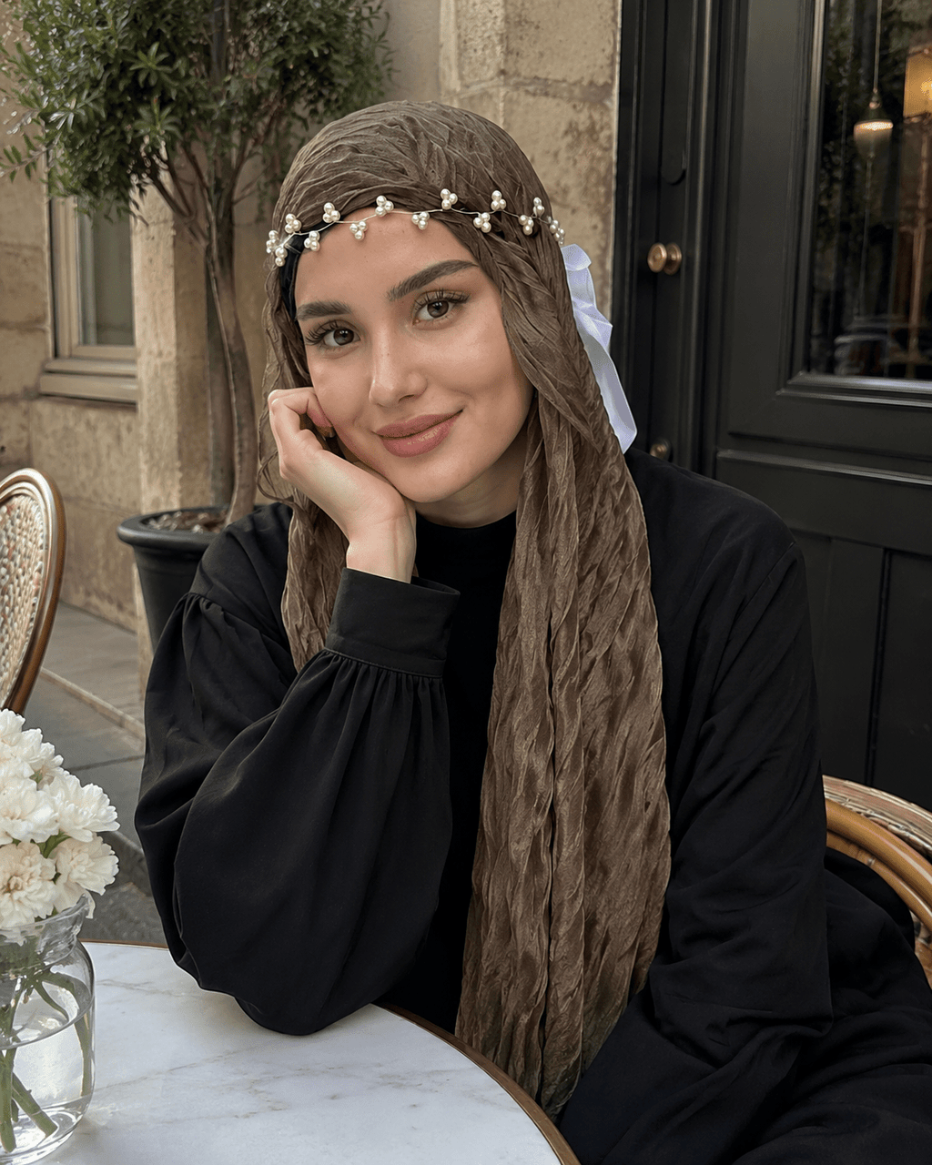 RY321 Deep Brown Crinkled Tulle Hijab Scarf – Glossy Stretch Breathable Headscarf - Raya