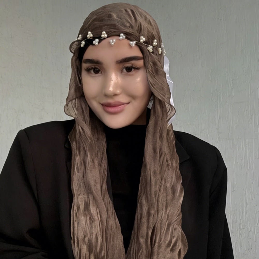 RY321 Deep Brown Crinkled Tulle Hijab Scarf – Glossy Stretch Breathable Headscarf - Raya