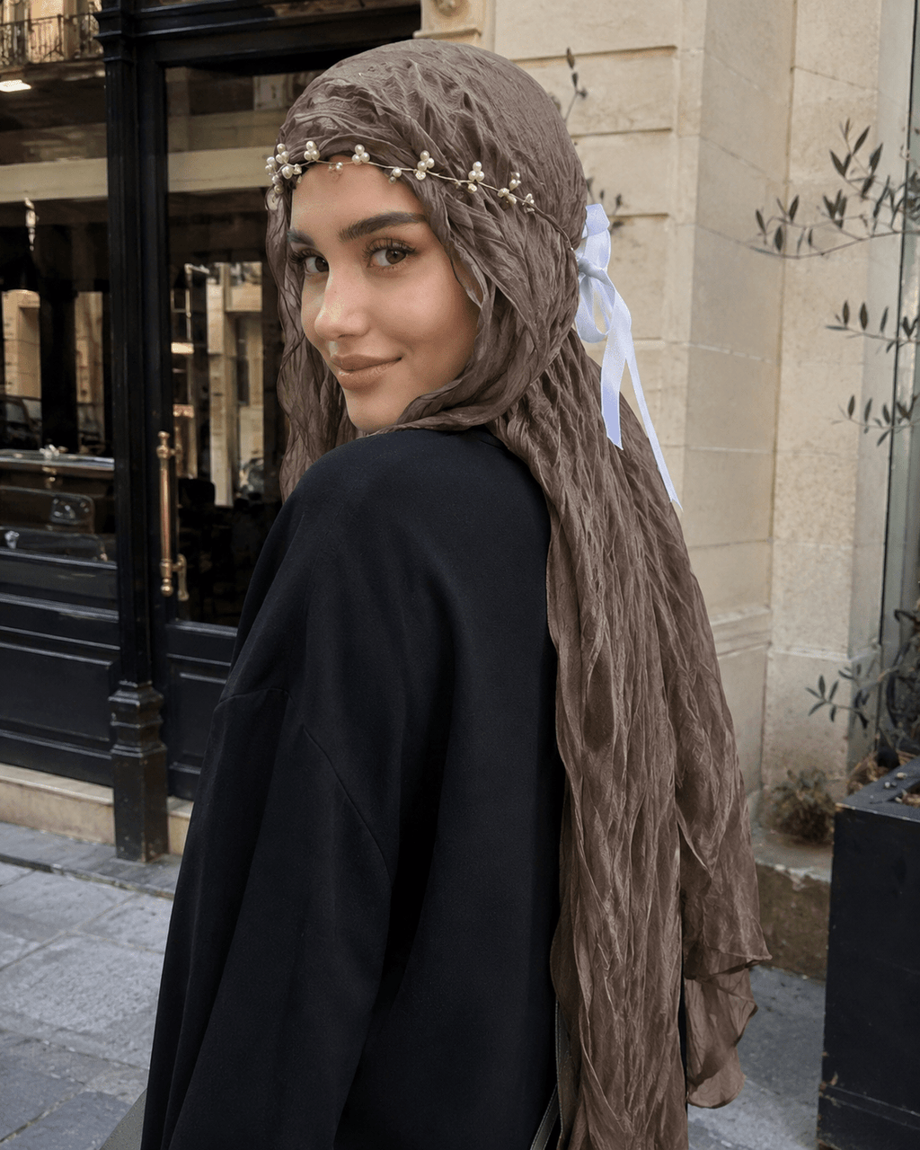 RY321 Deep Brown Crinkled Tulle Hijab Scarf – Glossy Stretch Breathable Headscarf - Raya