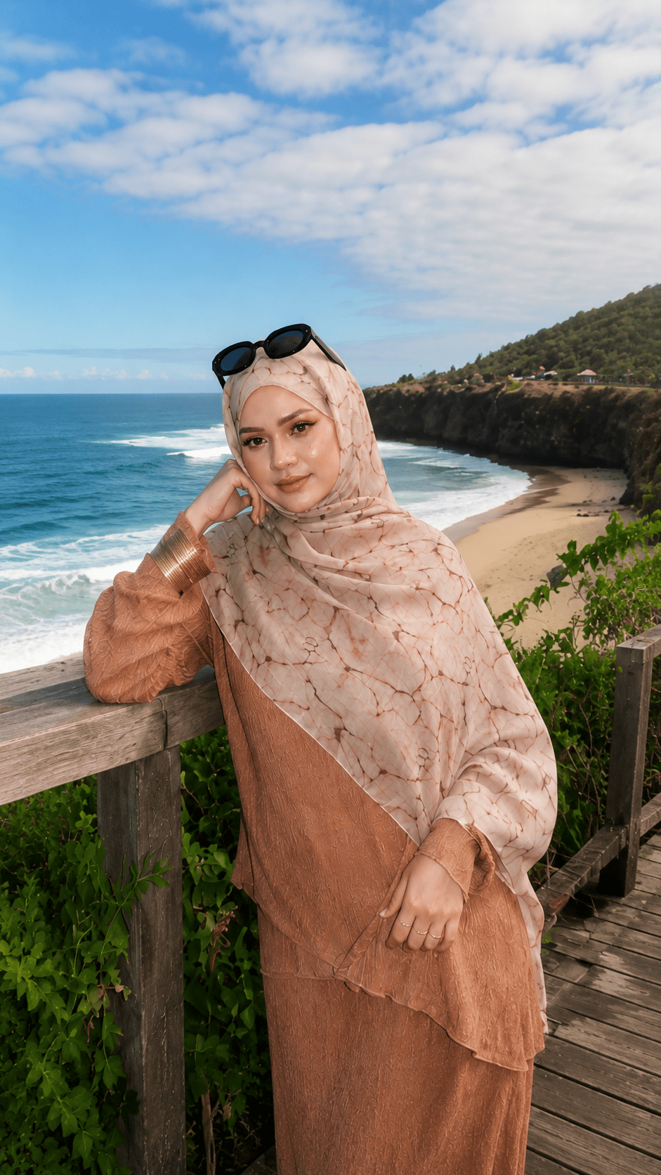 RY33 Nude Beige Floral Sketch Hijab Shawl – Botanical Line Art Women's Head Scarf (80×180cm) - Raya