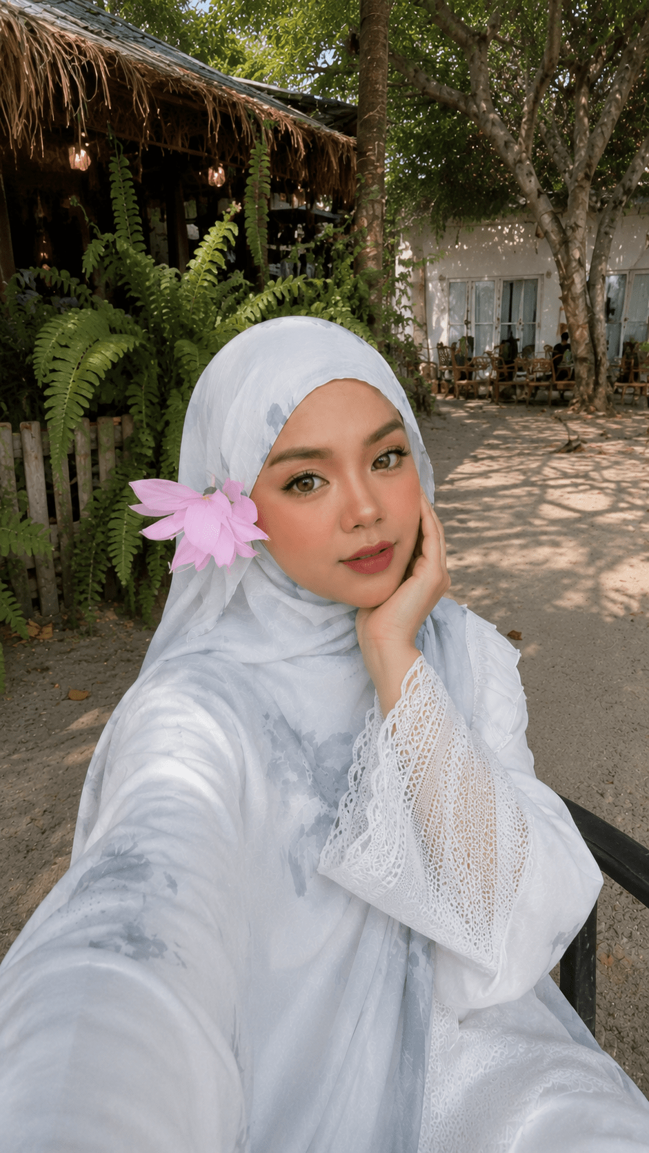 RY36 White Ink Wash Floral Hijab Shawl – Grey Blue Botanical Watercolor Women's Head Scarf (80×180cm) - Raya
