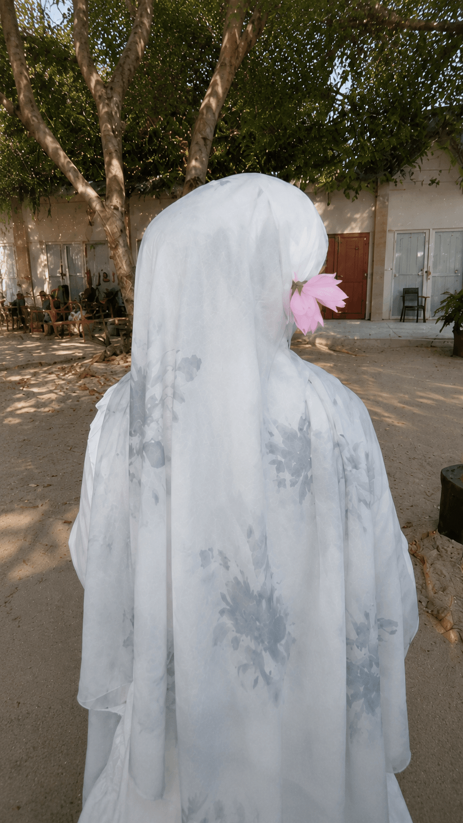RY36 White Ink Wash Floral Hijab Shawl – Grey Blue Botanical Watercolor Women's Head Scarf (80×180cm) - Raya