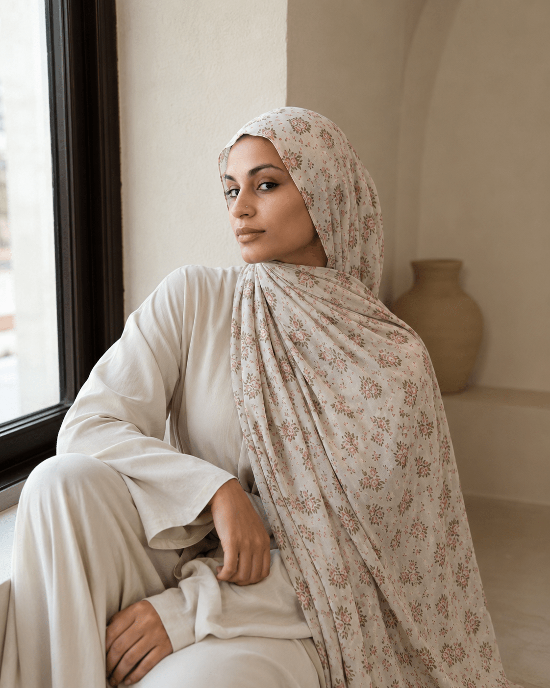 RY401 Ivory Rose Floral Printed Cotton Hijab – Soft Lightweight Scarf - Raya