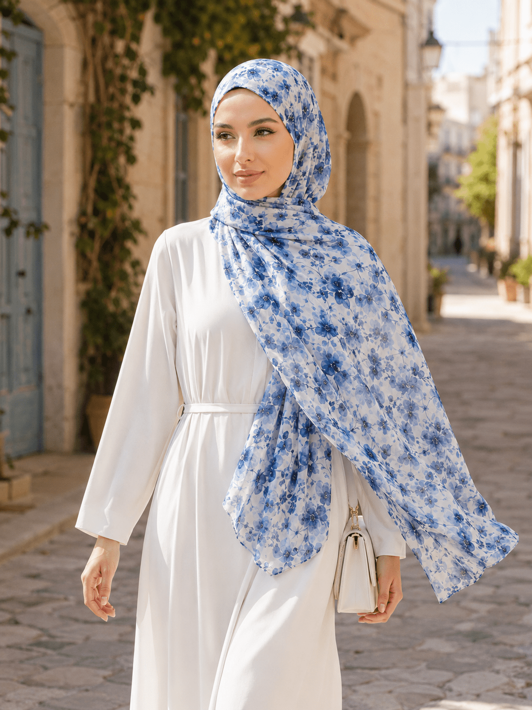 RY403 Blue Watercolor Floral Printed Cotton Hijab – Lightweight Scarf - Raya