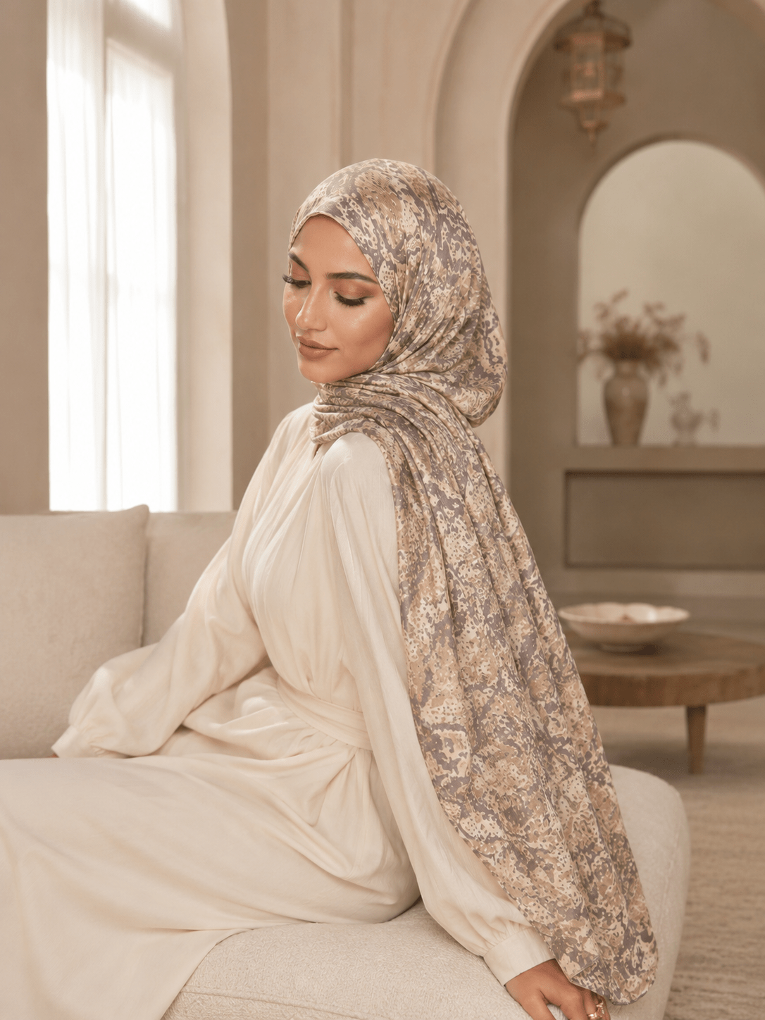RY404 Taupe Bohemian Marble Print Mercerized Cotton Hijab – Lightweight Scarf - Raya