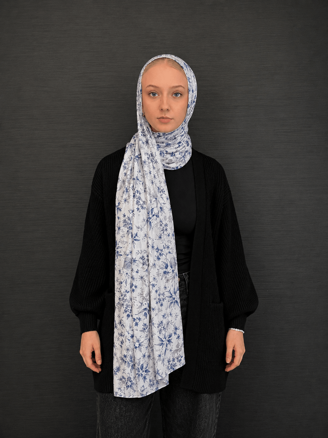 RY407 Blue Botanical Mercerized Cotton Hijab – Bohemian Lightweight Scarf - Raya