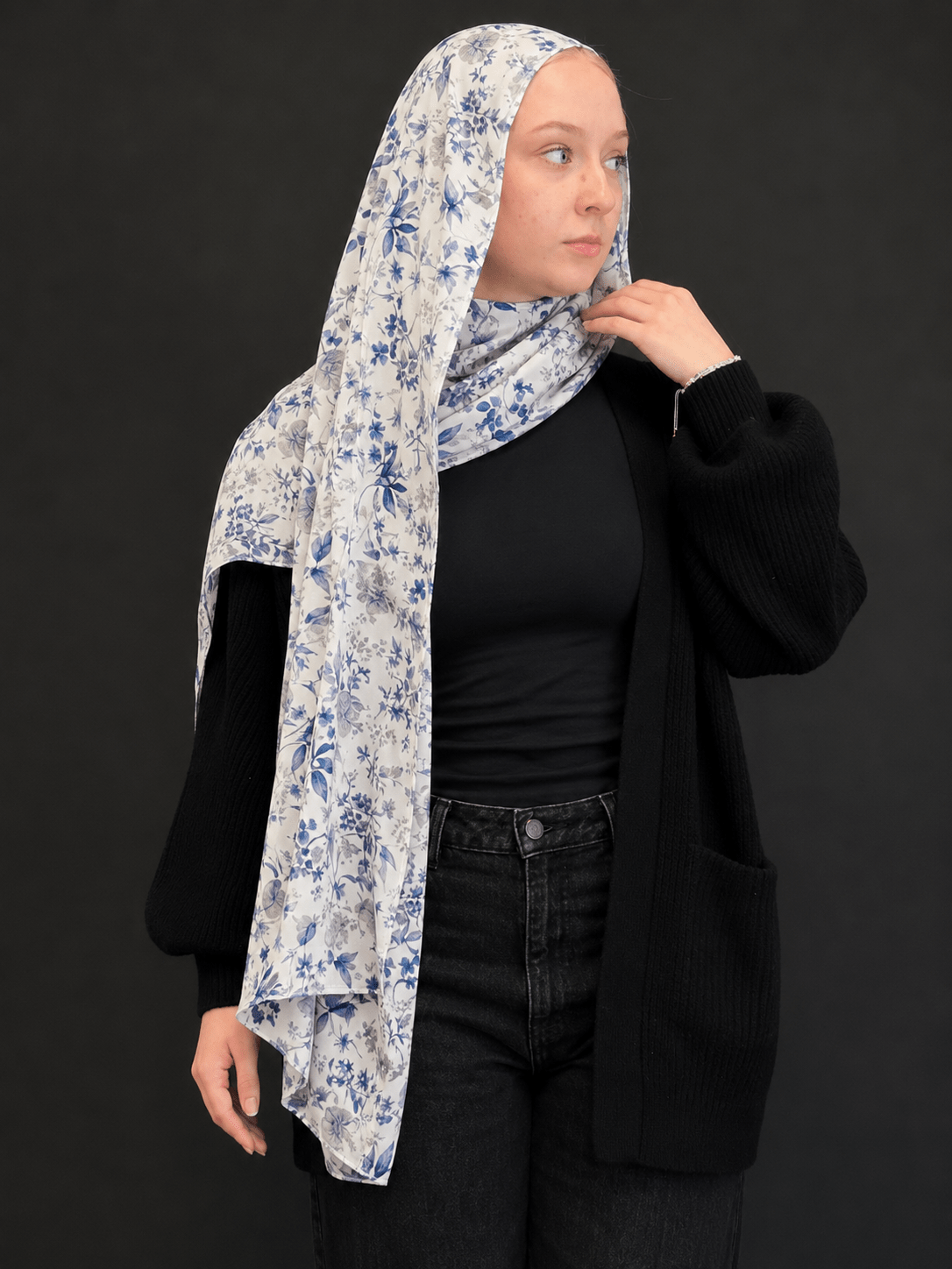 RY407 Blue Botanical Mercerized Cotton Hijab – Bohemian Lightweight Scarf - Raya