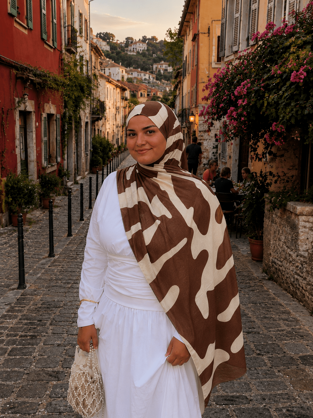 RY413 Chocolate Brown Abstract Mercerized Cotton Jersey Hijab – Soft Stretch Scarf - Raya