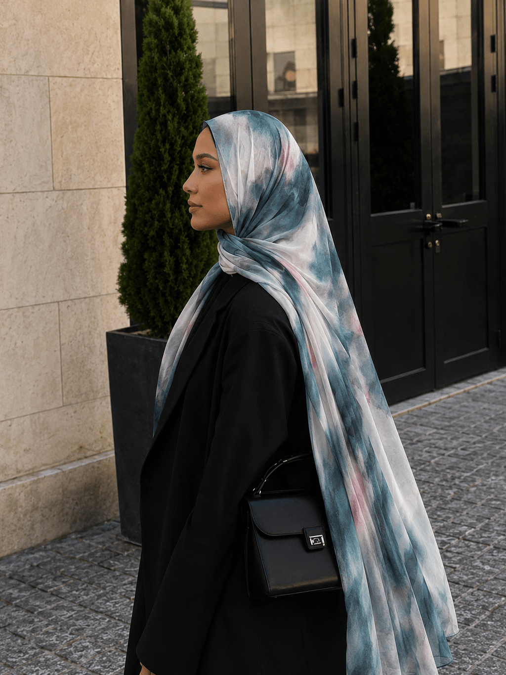 RY414 Deep Teal Marble Mercerized Cotton Jersey Hijab – Soft Stretch Scarf - Raya