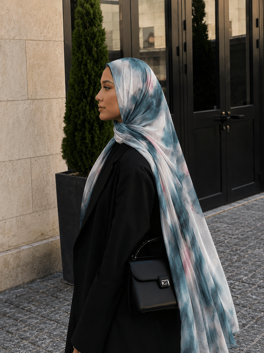 RY414 Deep Teal Marble Mercerized Cotton Jersey Hijab – Soft Stretch Scarf - Raya