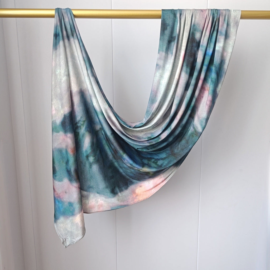 RY414 Deep Teal Marble Mercerized Cotton Jersey Hijab – Soft Stretch Scarf - Raya