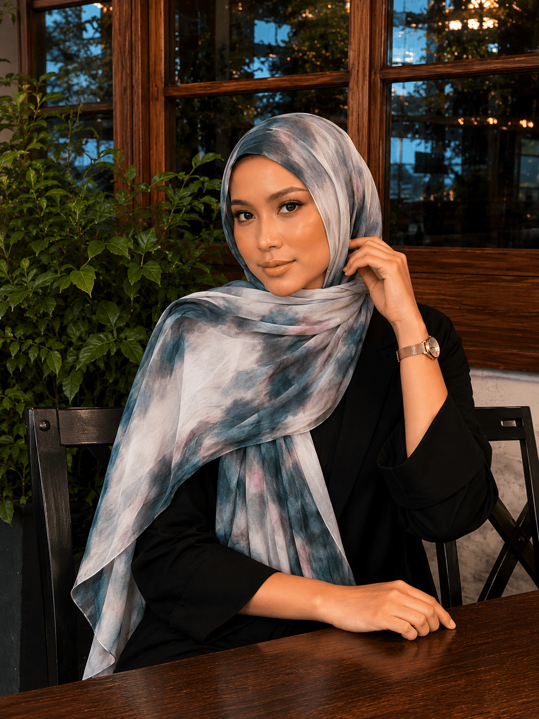RY414 Deep Teal Marble Mercerized Cotton Jersey Hijab – Soft Stretch Scarf - Raya