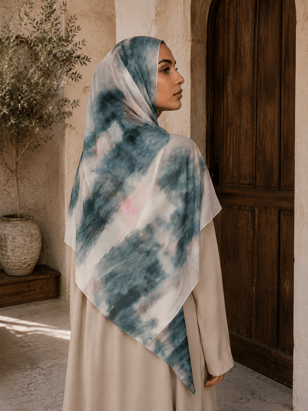 RY414 Deep Teal Marble Mercerized Cotton Jersey Hijab – Soft Stretch Scarf - Raya