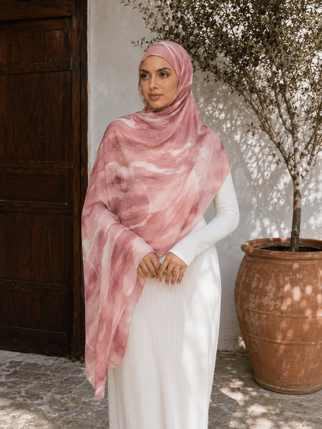 RY415 Blush Rose Marble Mercerized Cotton Jersey Hijab – Soft Stretch Scarf - Raya