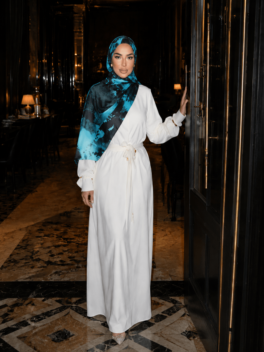 RY416 Turquoise Black Marble Mercerized Cotton Jersey Hijab – Soft Stretch Scarf - Raya