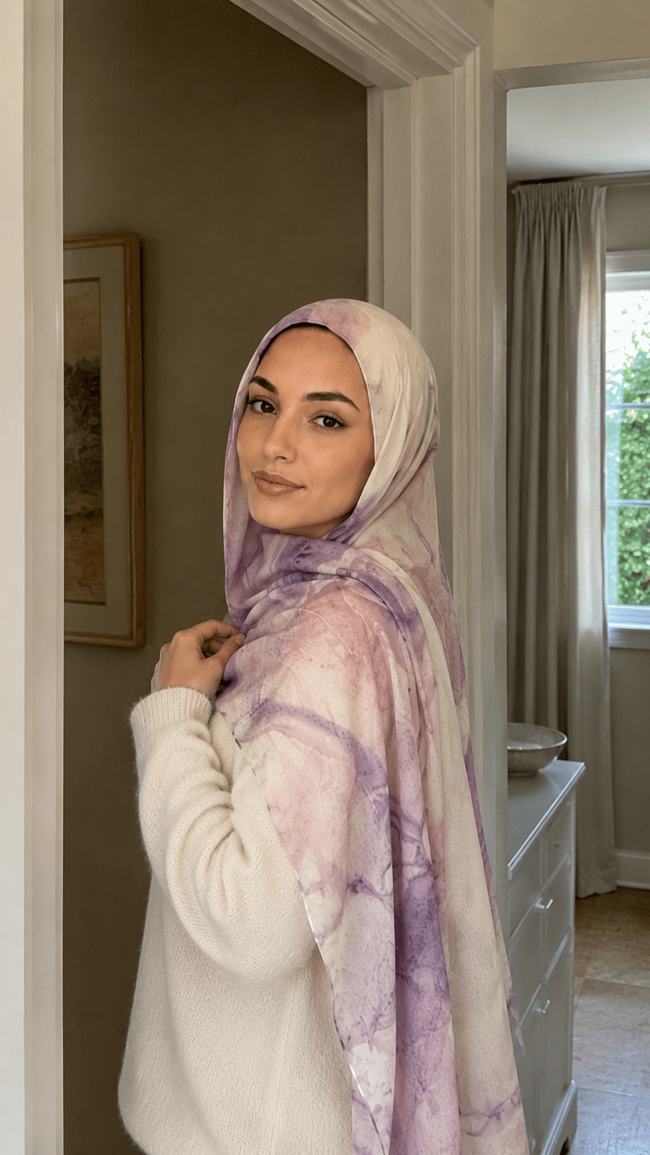 RY42 Lilac Watercolor Floral Hijab Shawl – Soft Purple Bloom Women's Head Scarf (80×180cm) - Raya