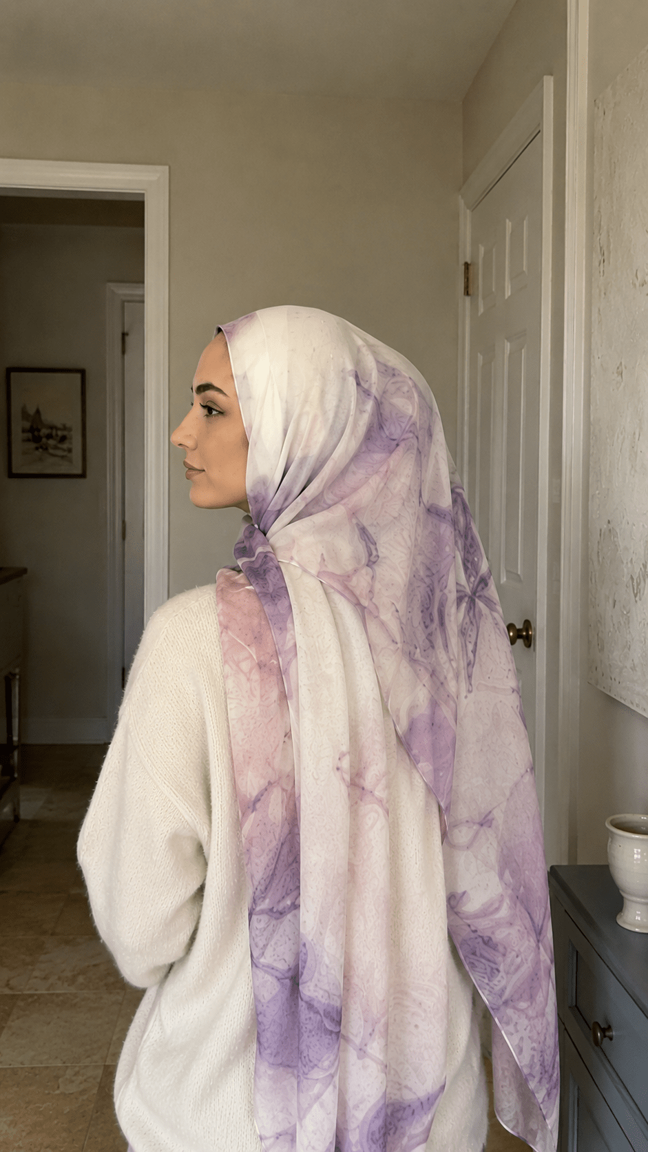 RY42 Lilac Watercolor Floral Hijab Shawl – Soft Purple Bloom Women's Head Scarf (80×180cm) - Raya