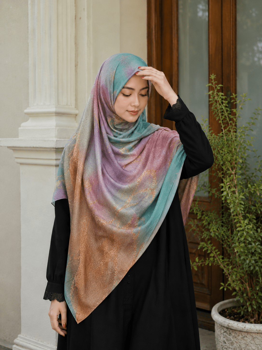 RY421 Aqua Rose Marble Mercerized Cotton Jersey Hijab – Soft Stretch Scarf - Raya