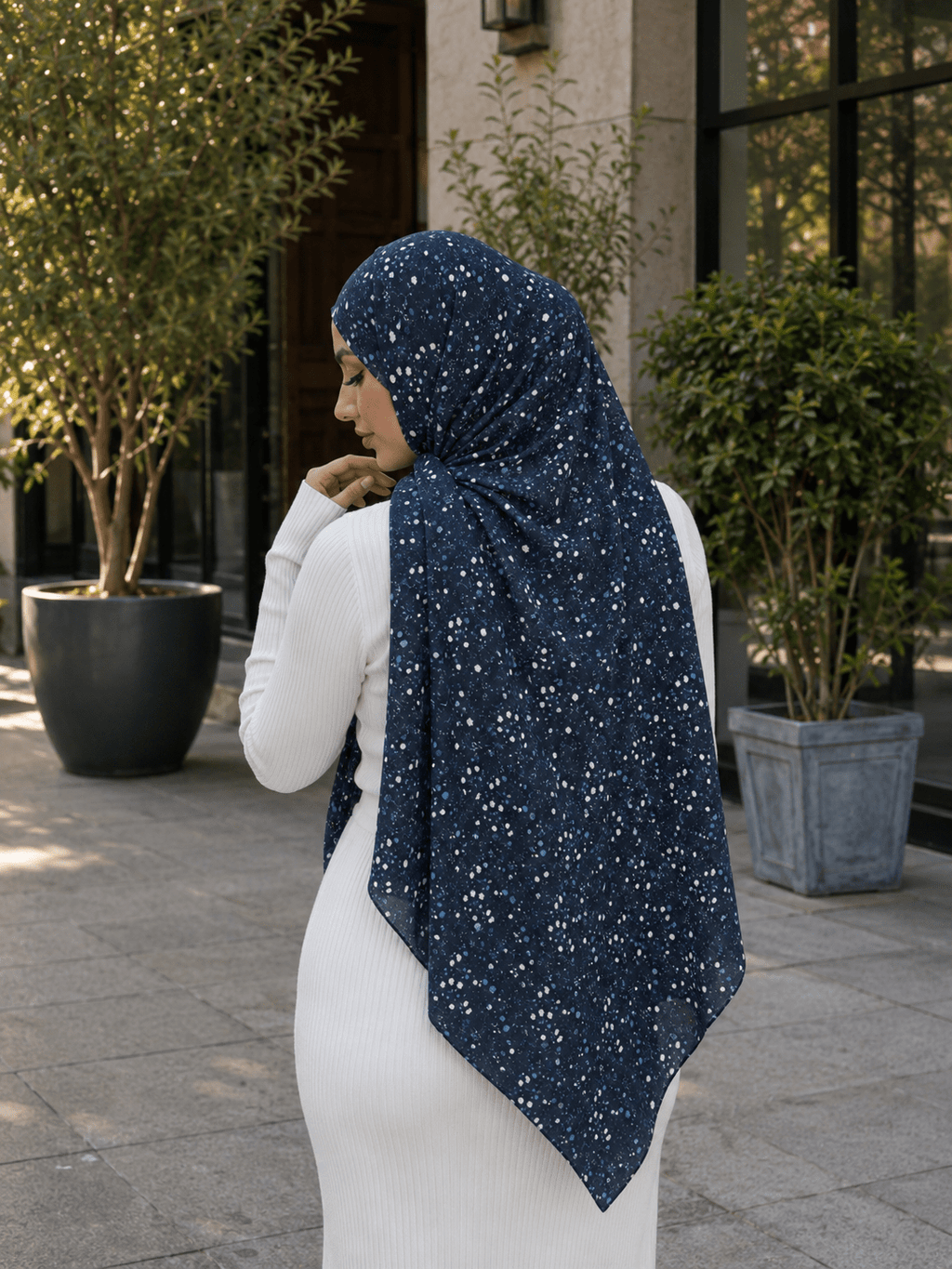 RY422 Deep Navy Speckle Mercerized Cotton Jersey Hijab – Soft Stretch Scarf - Raya