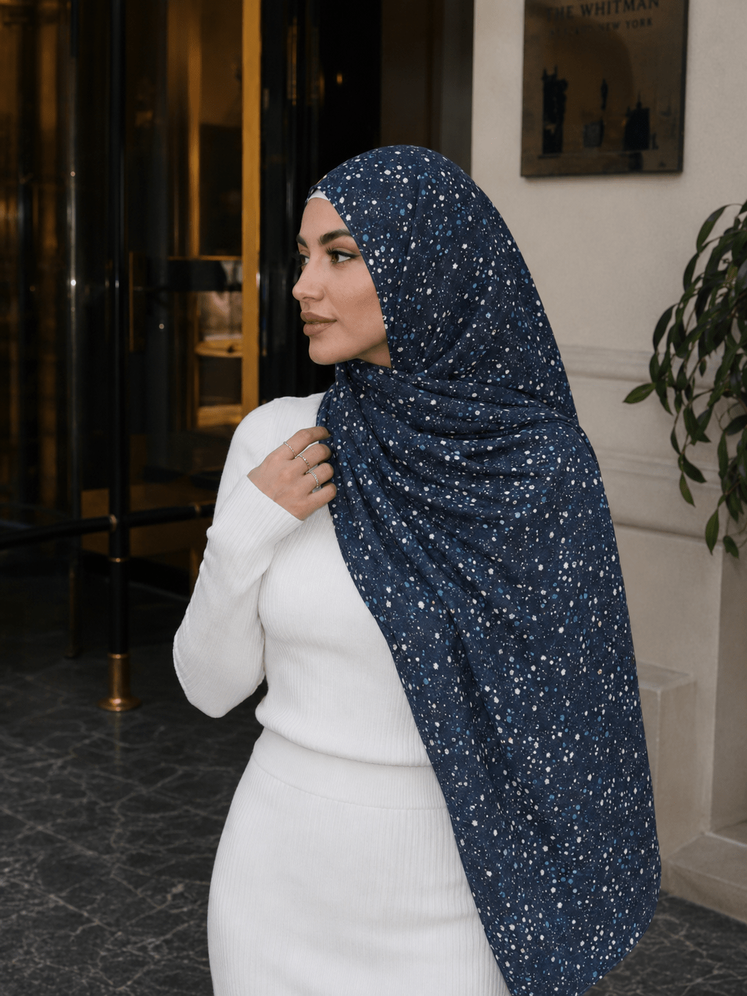 RY422 Deep Navy Speckle Mercerized Cotton Jersey Hijab – Soft Stretch Scarf - Raya