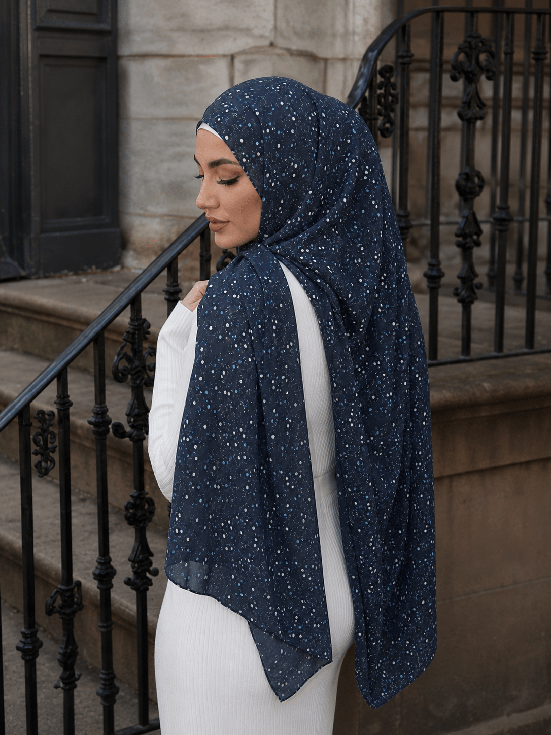 RY422 Deep Navy Speckle Mercerized Cotton Jersey Hijab – Soft Stretch Scarf - Raya