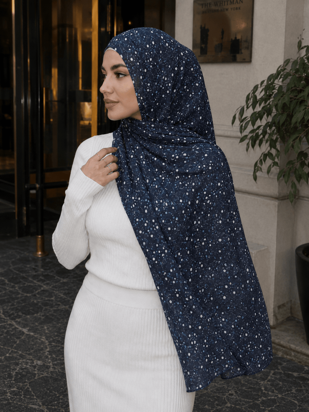 RY422 Deep Navy Speckle Mercerized Cotton Jersey Hijab – Soft Stretch Scarf - Raya