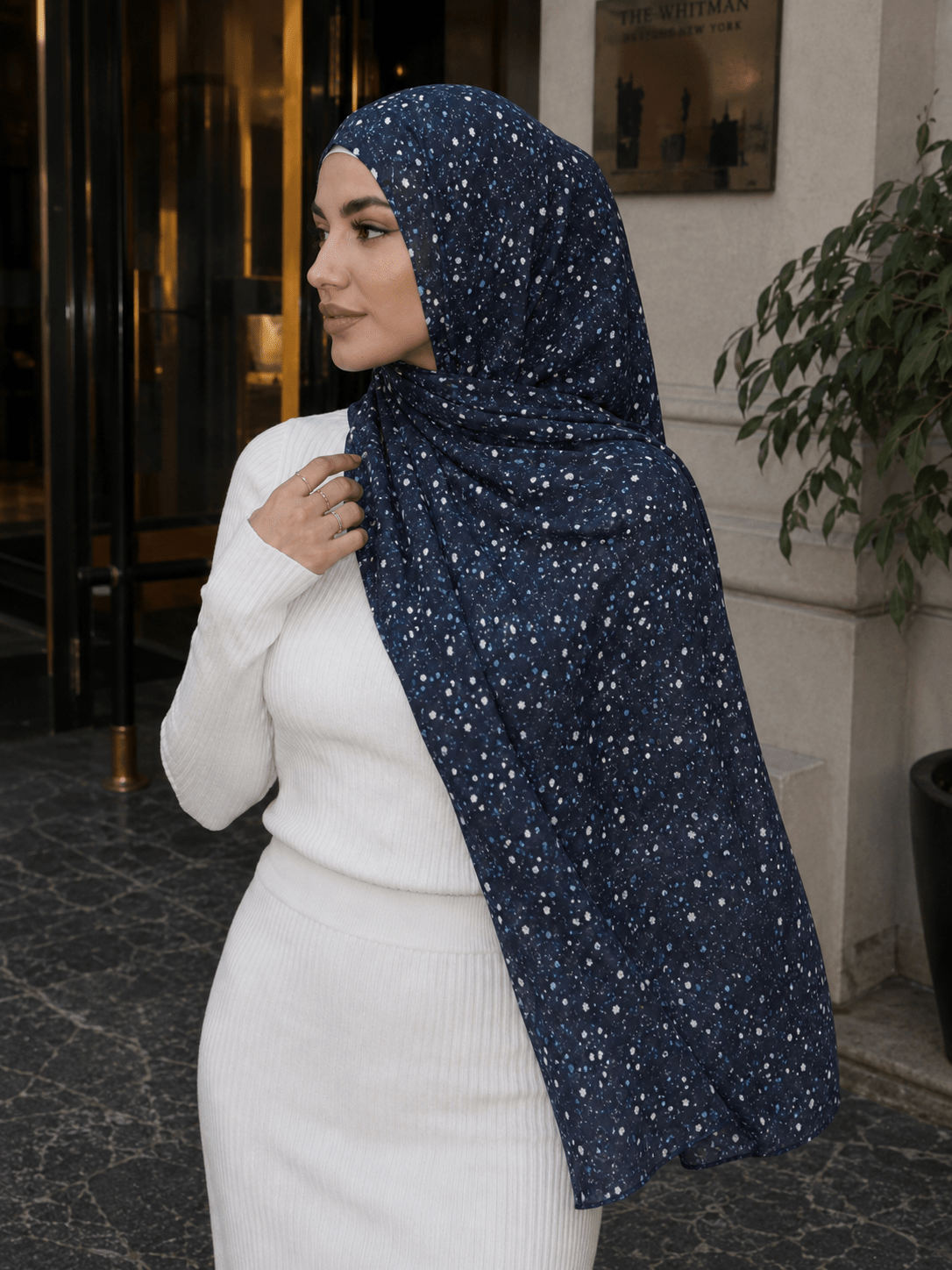 RY422 Deep Navy Speckle Mercerized Cotton Jersey Hijab – Soft Stretch Scarf - Raya