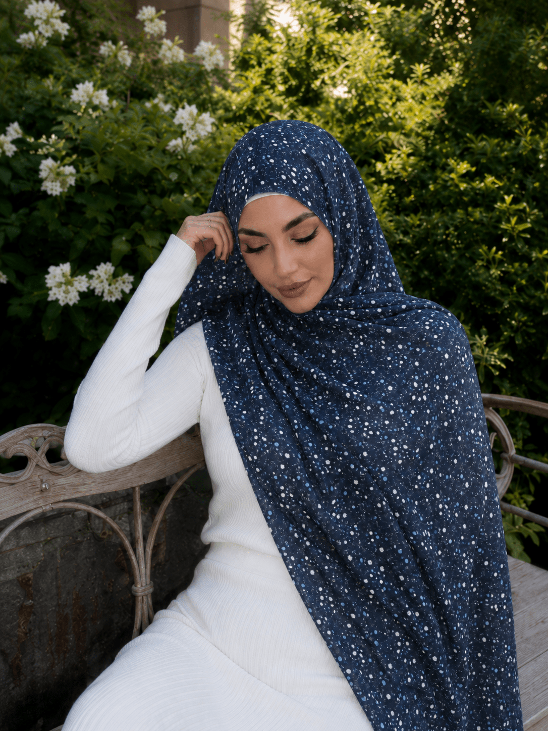 RY422 Deep Navy Speckle Mercerized Cotton Jersey Hijab – Soft Stretch Scarf - Raya