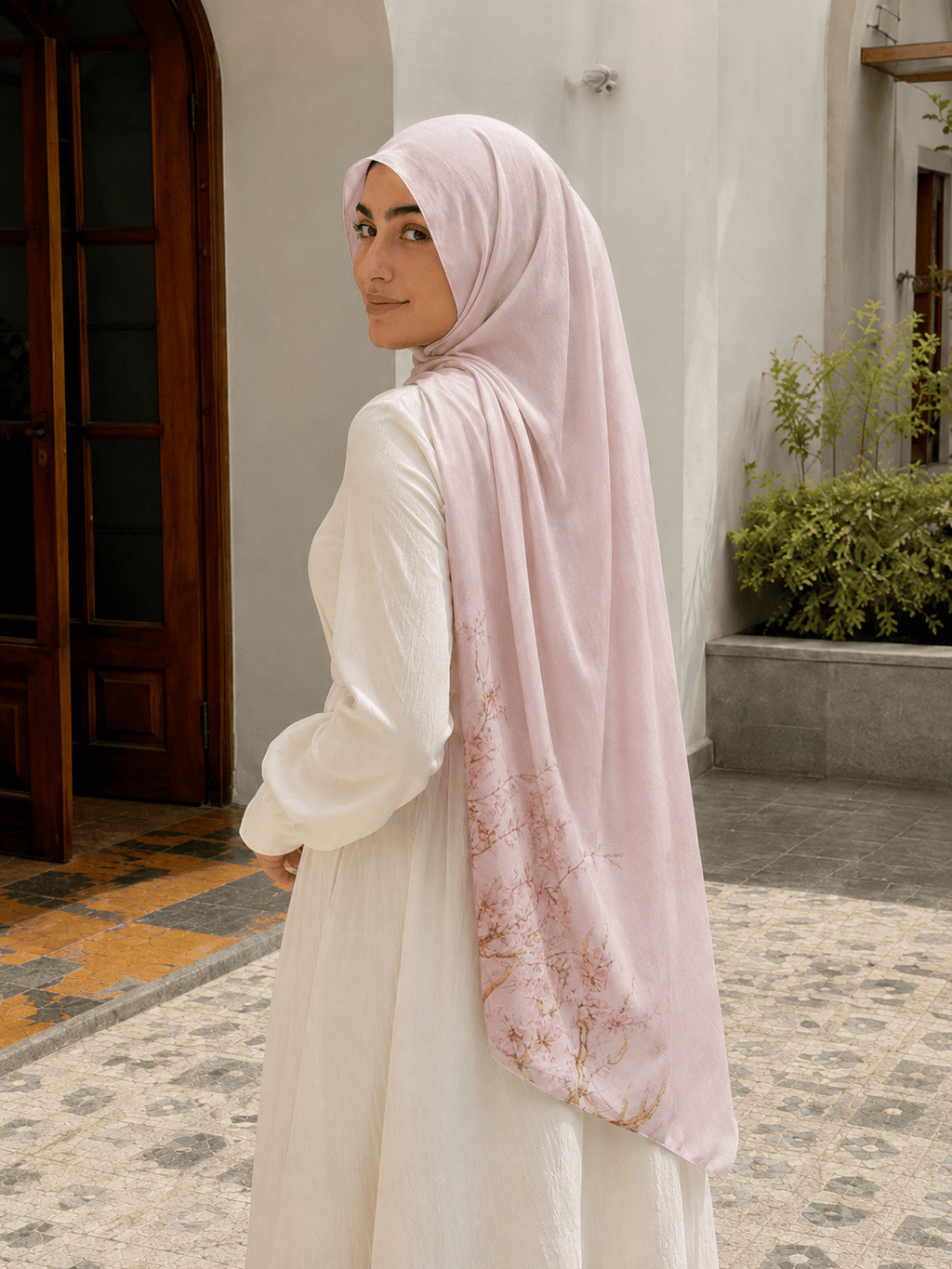 RY423 Blush Pink Floral Mercerized Cotton Jersey Hijab – Soft Stretch Scarf - Raya