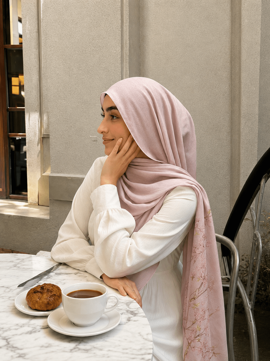 RY423 Blush Pink Floral Mercerized Cotton Jersey Hijab – Soft Stretch Scarf - Raya