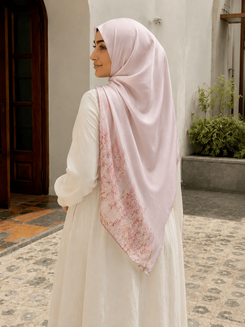 RY423 Blush Pink Floral Mercerized Cotton Jersey Hijab – Soft Stretch Scarf - Raya