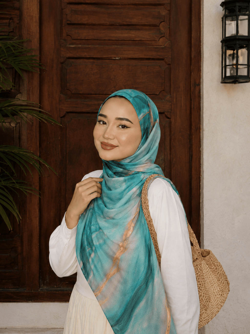 RY428 Aqua Copper Marble Mercerized Cotton Jersey Hijab – Soft Stretch Scarf - Raya