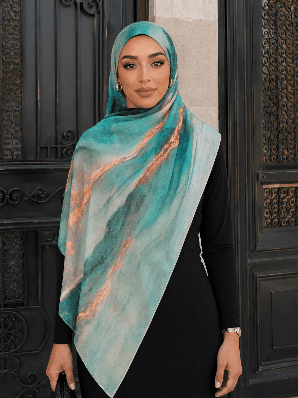 RY428 Aqua Copper Marble Mercerized Cotton Jersey Hijab – Soft Stretch Scarf - Raya