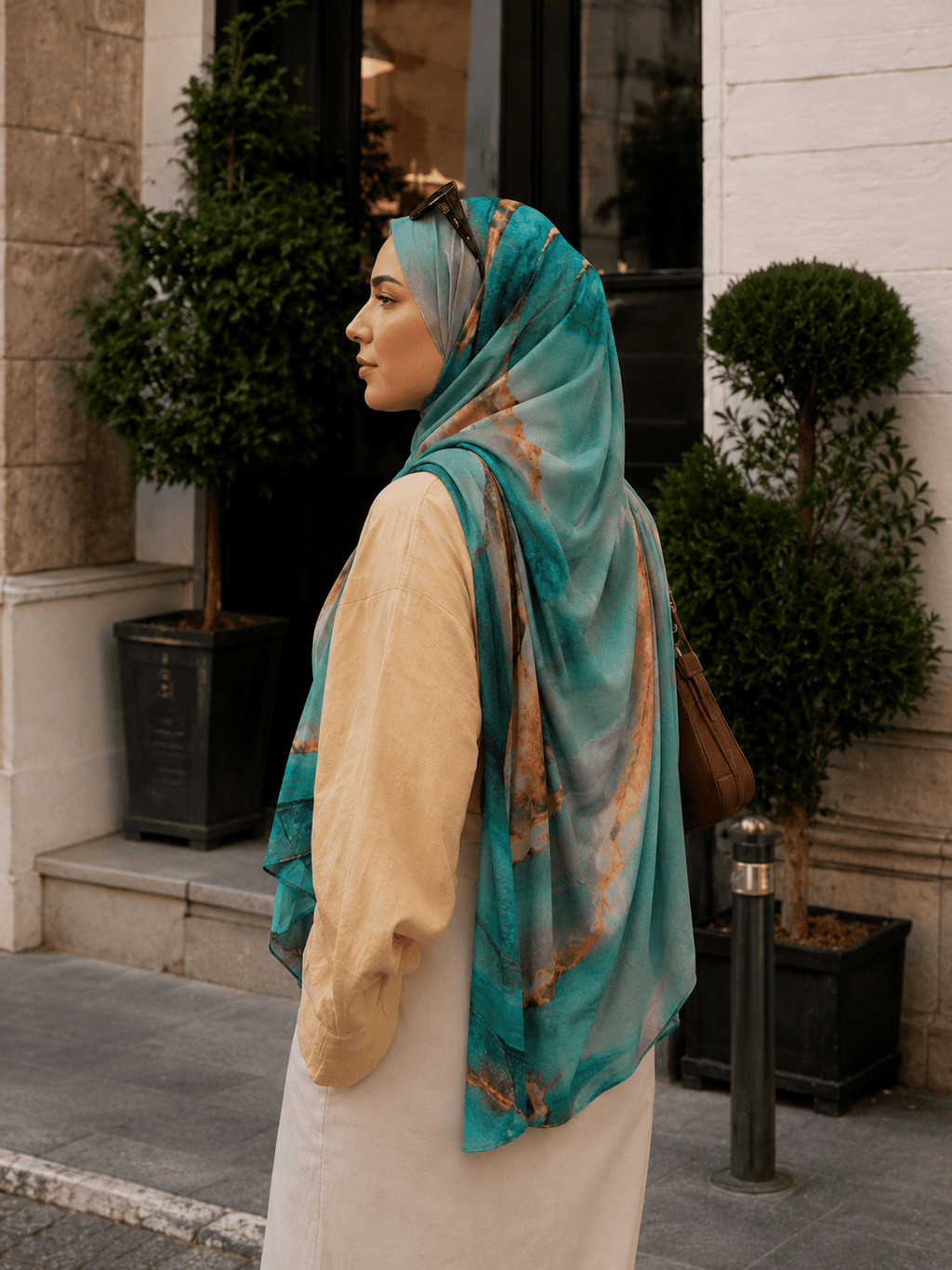 RY428 Aqua Copper Marble Mercerized Cotton Jersey Hijab – Soft Stretch Scarf - Raya